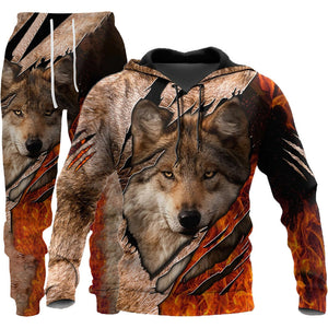 Galuxia 3D Wolf Print Tracksuit Men Sportswear Hooded Sweatsuit Two Piece Outdoors Running Fitness Mens Clothing Jogging Set