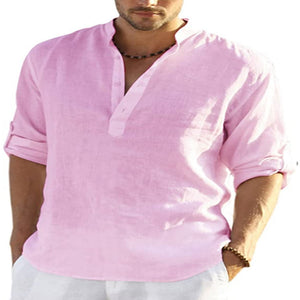 Galuxia Men's Casual Cotton Linen Solid Color Long Sleeve Shirt Loose Stand Collar