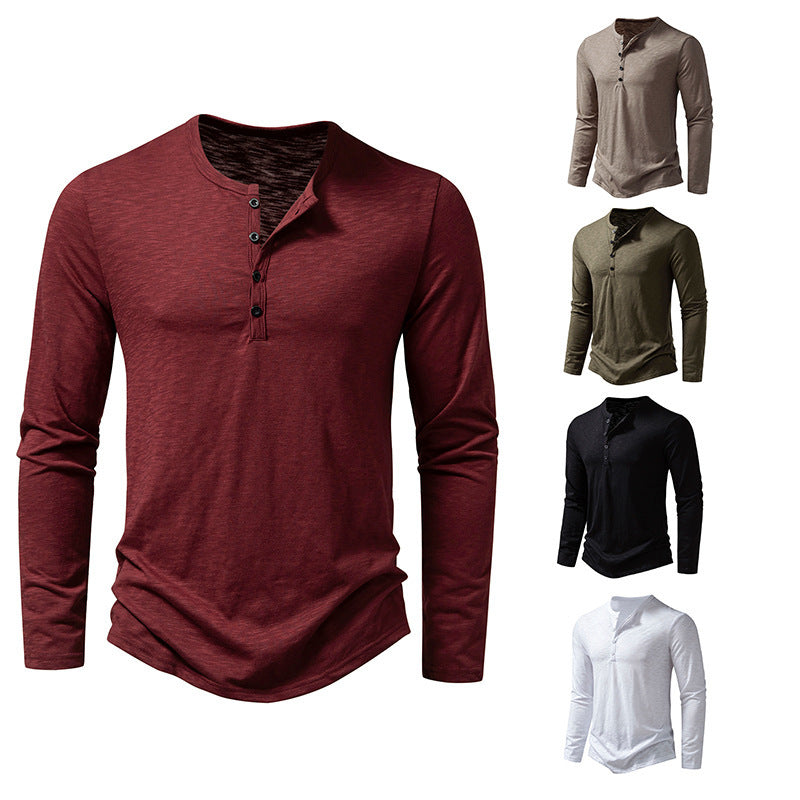 Galuxia Men's Long-sleeved T-shirt Fashion Casual Solid Color Pullover Button Top Autumn And Spring Clothing