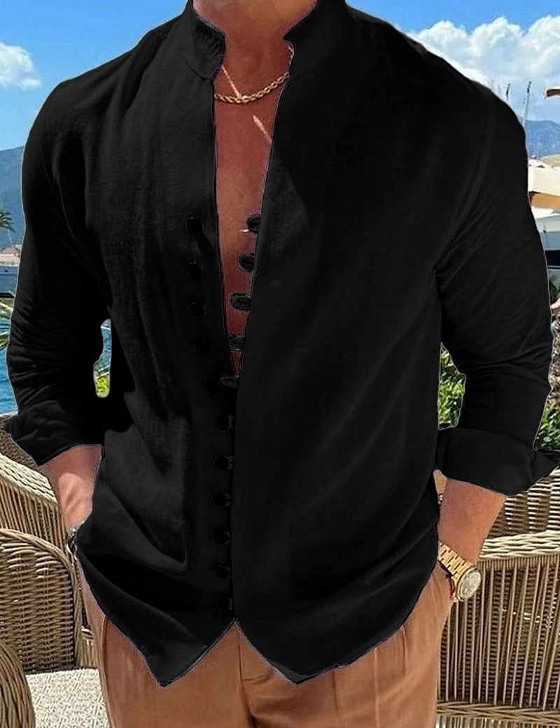 Galuxia Retro Button Design Long-sleeved Shirt Men's Casual Loose Top Mens Clothing