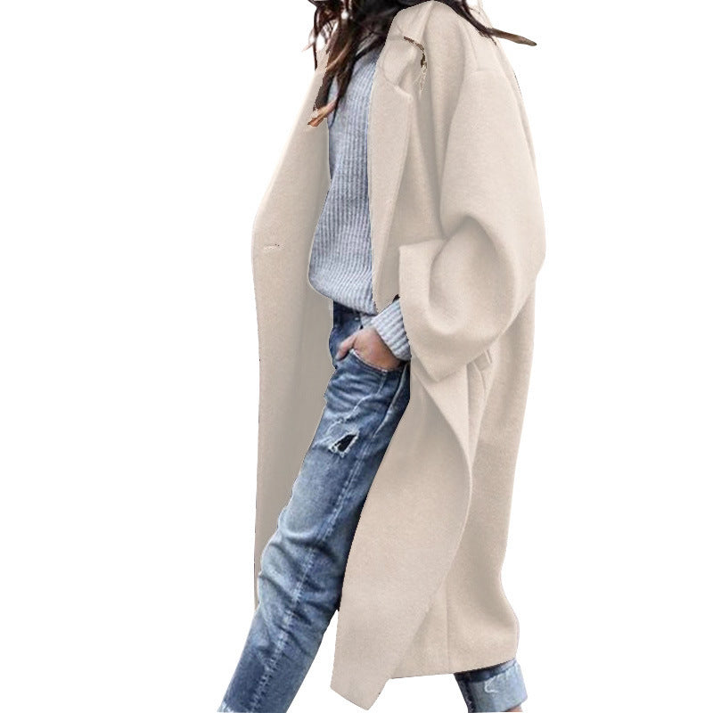 Galuxia Casual Long Jacket with Pockets – Single-Breasted Lapel Woolen Coat for Women
