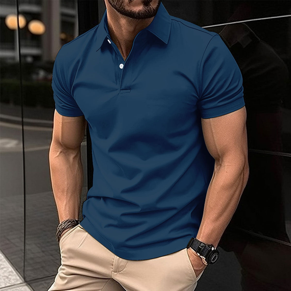 Galuxia Summer Short Sleeve Polo Shirt Men Solid Color Button Lapel Button Top