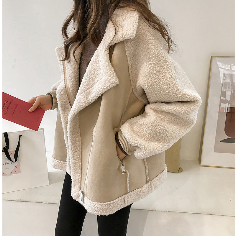 Galuxia Suede Jacket Women Short Lamb Velvet Motorcycle Jacket