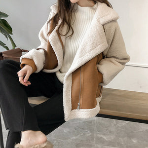 Galuxia Suede Jacket Women Short Lamb Velvet Motorcycle Jacket