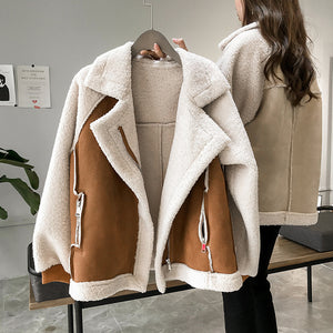 Galuxia Suede Jacket Women Short Lamb Velvet Motorcycle Jacket