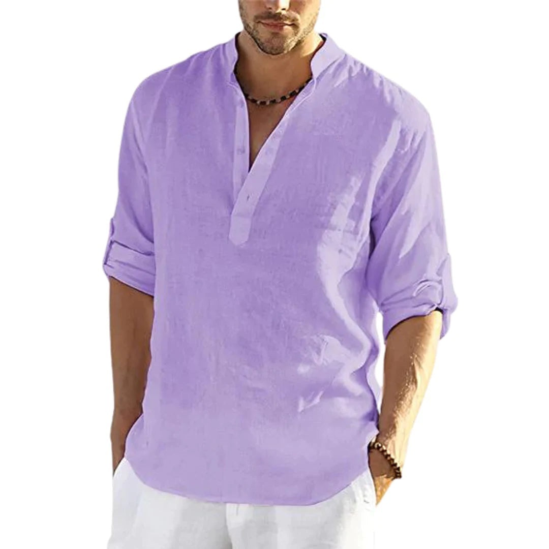 Galuxia Men's Casual Cotton Linen Solid Color Long Sleeve Shirt Loose Stand Collar