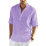 Galuxia Men's Casual Cotton Linen Solid Color Long Sleeve Shirt Loose Stand Collar