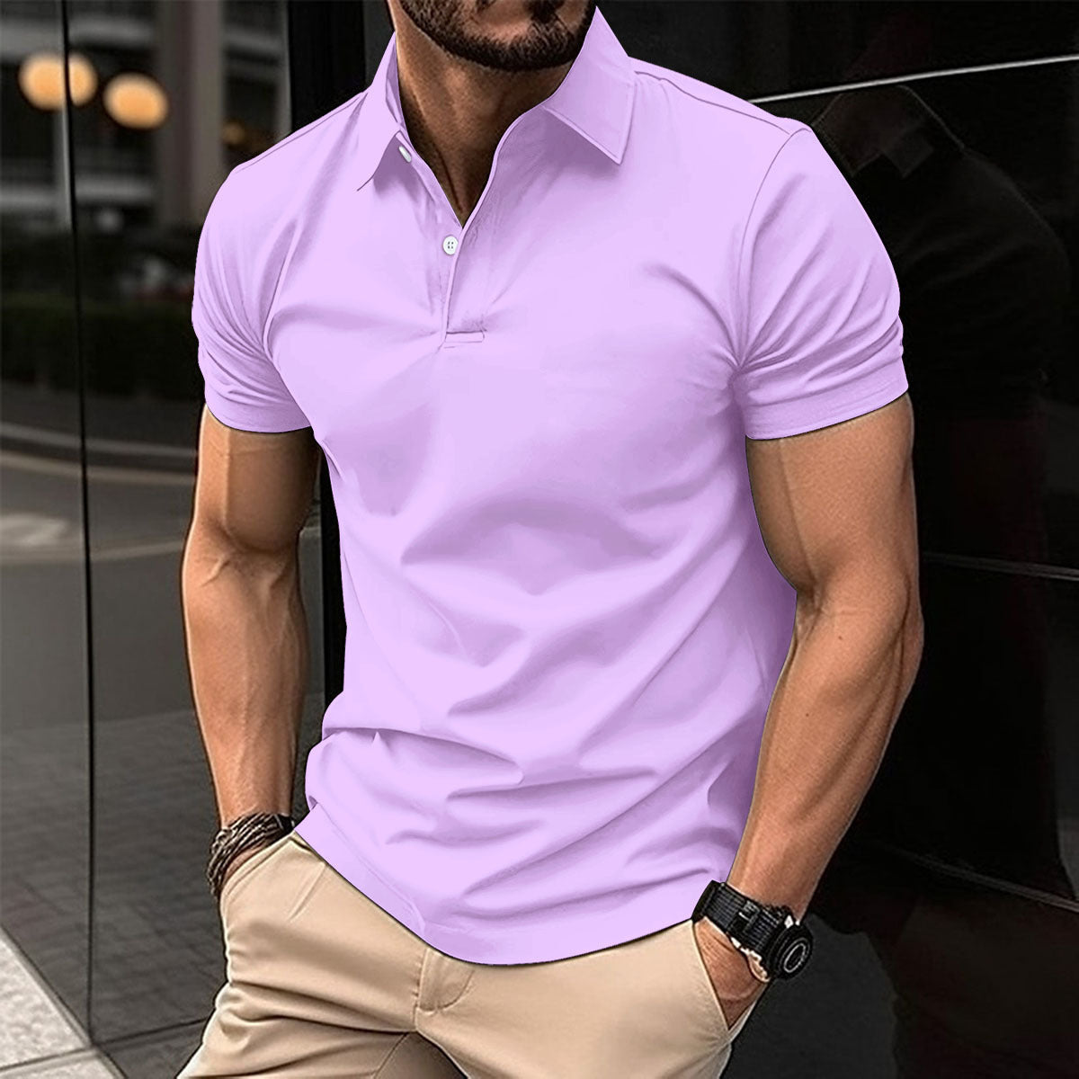 Galuxia Summer Short Sleeve Polo Shirt Men Solid Color Button Lapel Button Top
