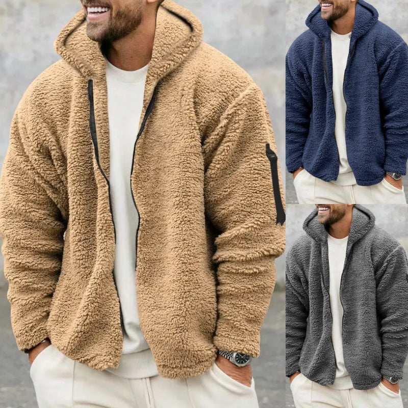 Galuxia Plush Hooded Jacket Men's Autumn And Winter Fleece Double-sided Wear Warm Coat With Zipper Loose Casual Jacket Outdoor Clothing