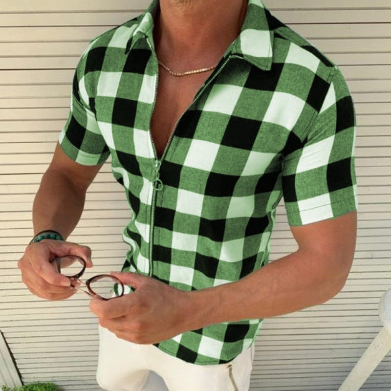 Galuxia Plaid T Shirt Mens Zipper Short Sleeve Shirts Summer Men Clothing