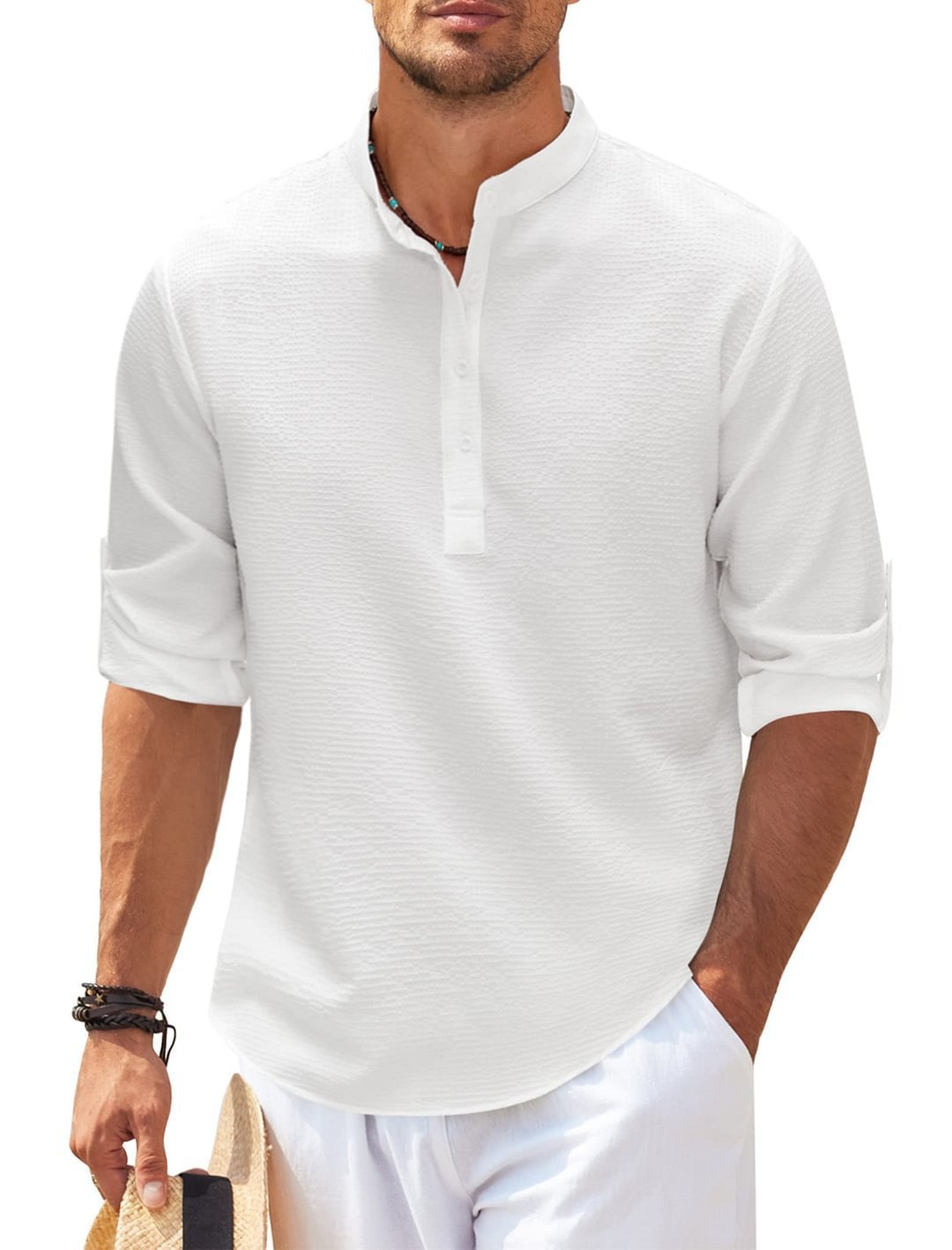 Galuxia Men's Casual Shirt  Long Sleeve Stand Collar Solid Color Shirt Mens Clothing