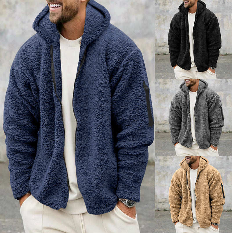 Galuxia Plush Hooded Jacket Men's Autumn And Winter Fleece Double-sided Wear Warm Coat With Zipper Loose Casual Jacket Outdoor Clothing
