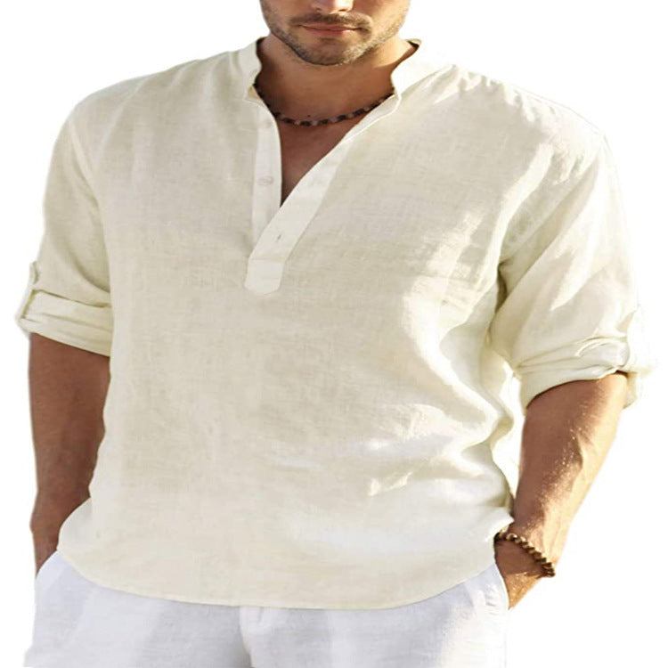 Galuxia Men's Casual Cotton Linen Solid Color Long Sleeve Shirt Loose Stand Collar