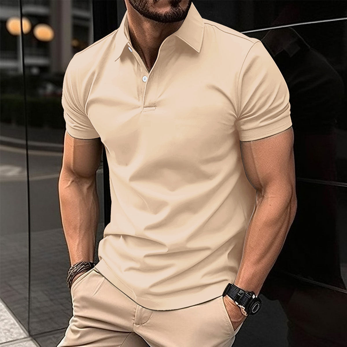 Galuxia Summer Short Sleeve Polo Shirt Men Solid Color Button Lapel Button Top