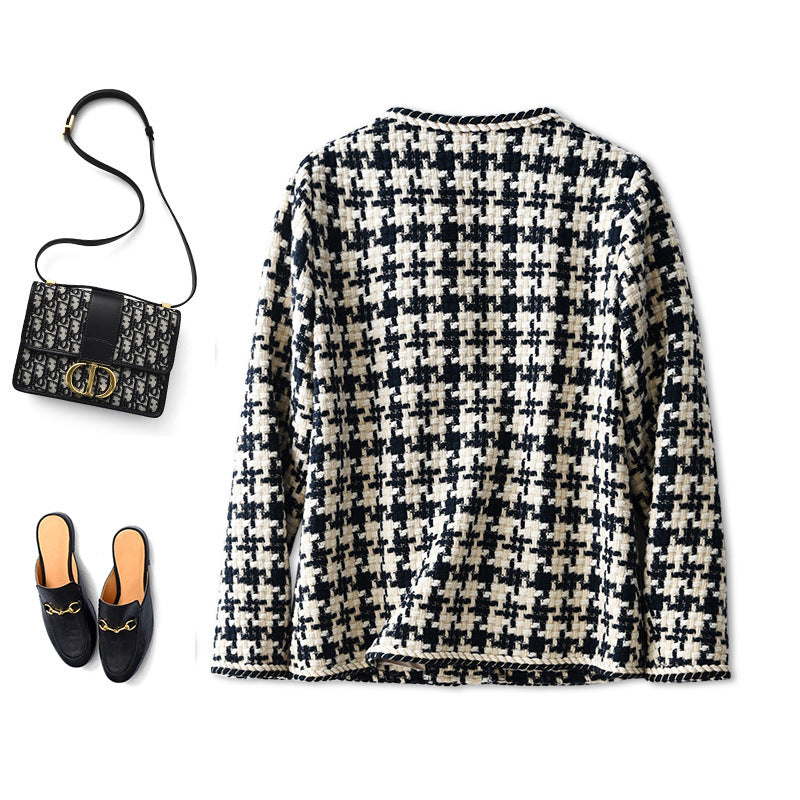Galuxia Houndstooth Small Fragrance Jacket – Casual Women’s Round Neck Straight Jacket