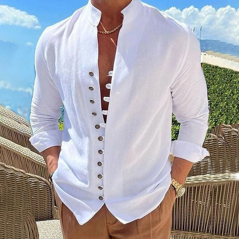Galuxia Retro Button Design Long-sleeved Shirt Men's Casual Loose Top Mens Clothing