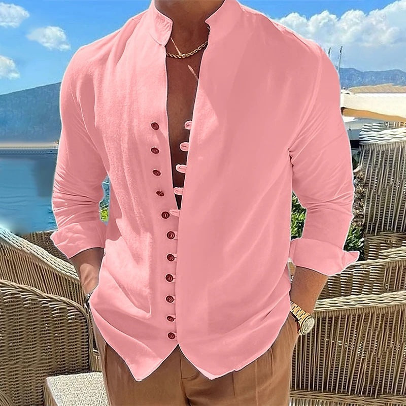 Galuxia Retro Button Design Long-sleeved Shirt Men's Casual Loose Top Mens Clothing