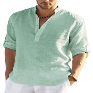 Galuxia Men's Casual Cotton Linen Solid Color Long Sleeve Shirt Loose Stand Collar