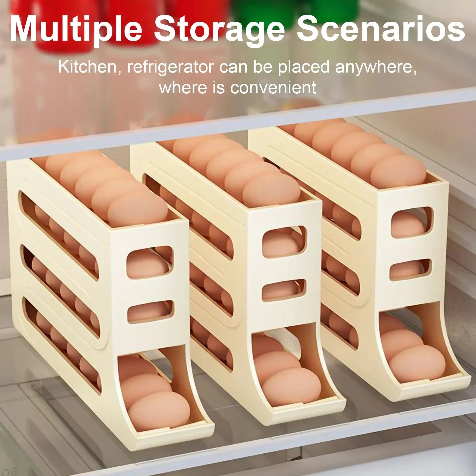 Galuxia Refrigerator 4-Layer Automatic Egg Roller Sliding Egg Tray Refrigerator Side Door Large Capacity Holder Egg Storage Box Kitchen Gadgets