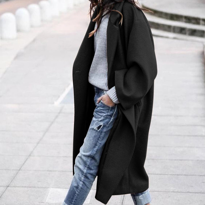 Galuxia Casual Long Jacket with Pockets – Single-Breasted Lapel Woolen Coat for Women