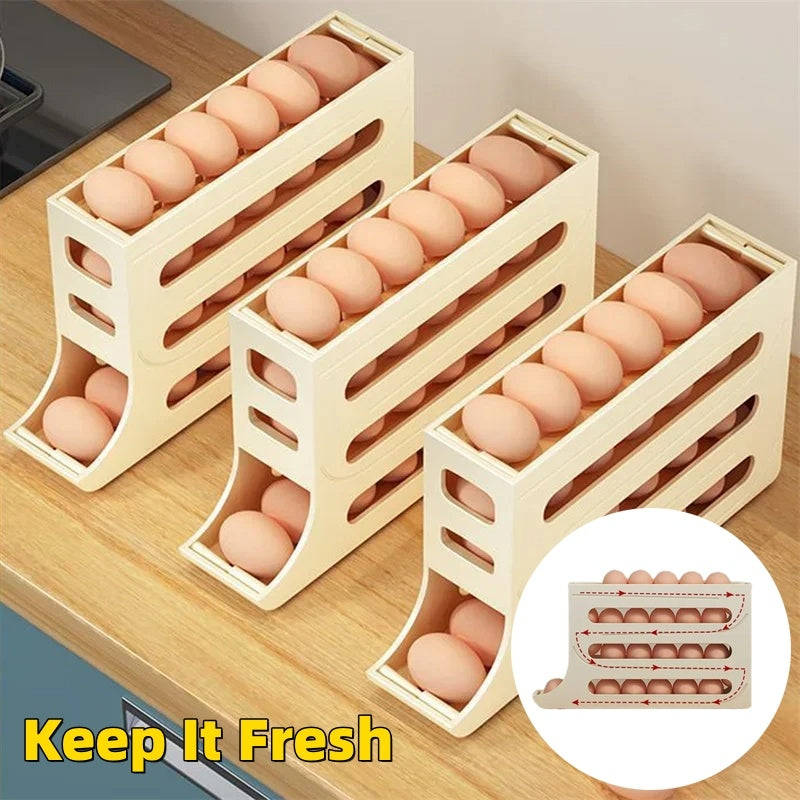 Galuxia Refrigerator 4-Layer Automatic Egg Roller Sliding Egg Tray Refrigerator Side Door Large Capacity Holder Egg Storage Box Kitchen Gadgets