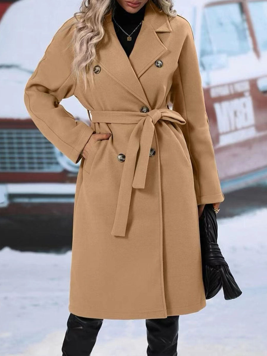 Galuxia Lapel Double-Breasted Trench Coat with Belt – Women’s Winter Long Jacket