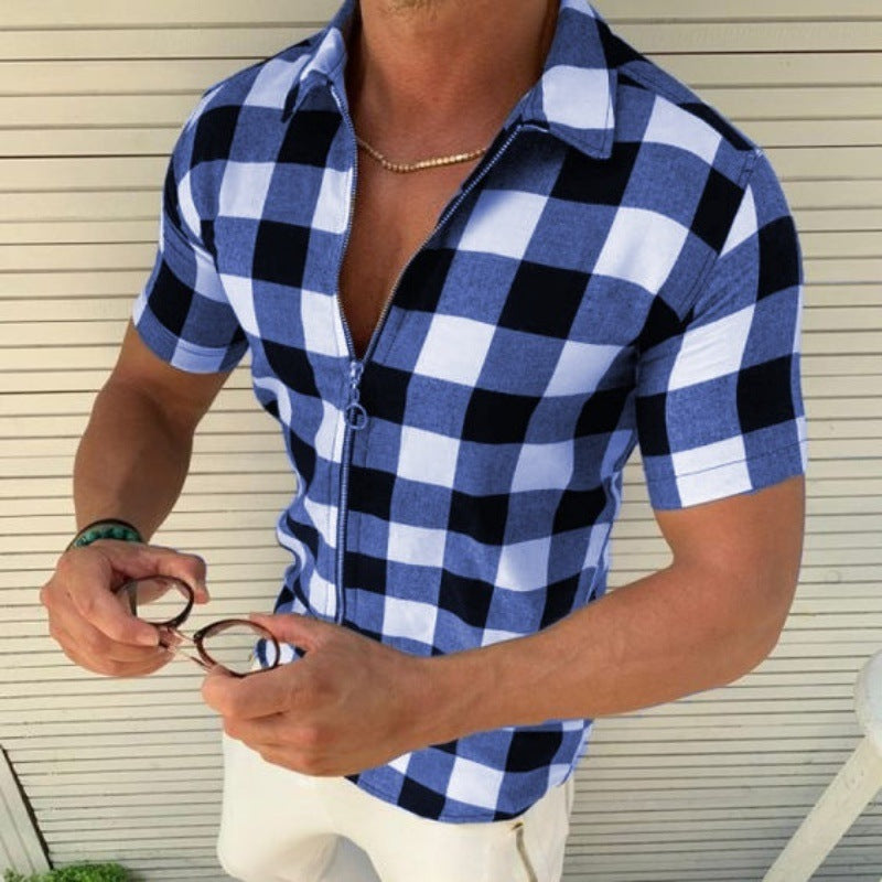 Galuxia Plaid T Shirt Mens Zipper Short Sleeve Shirts Summer Men Clothing