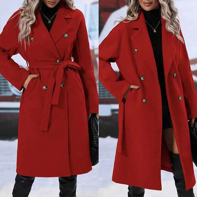 Galuxia Lapel Double-Breasted Trench Coat with Belt – Women’s Winter Long Jacket