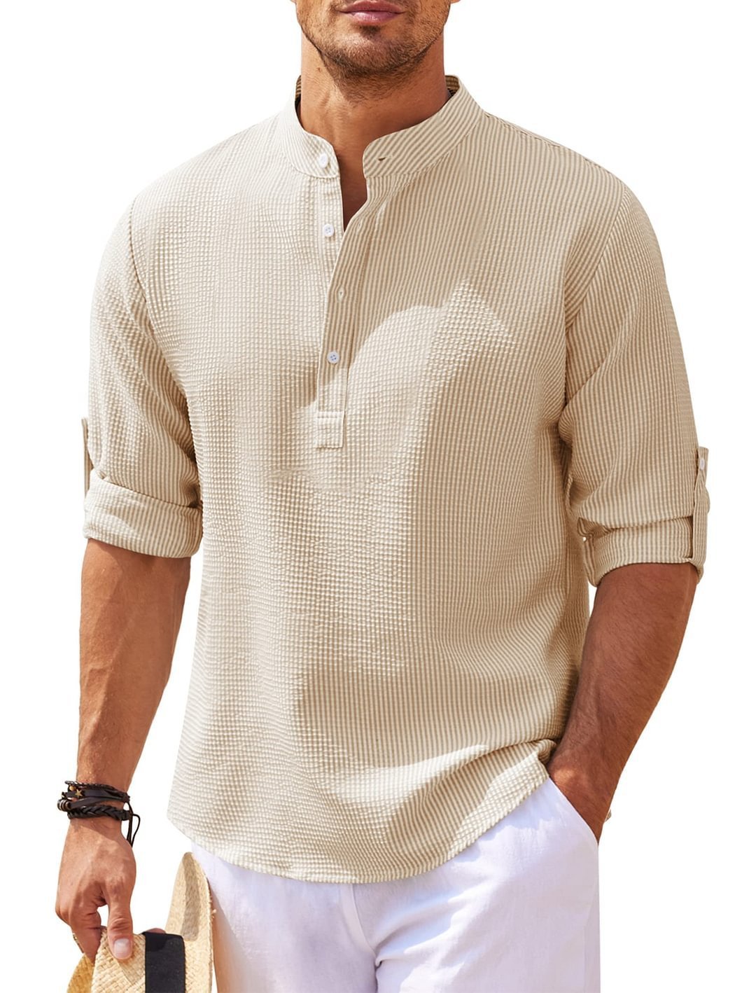 Galuxia Men's Casual Shirt  Long Sleeve Stand Collar Solid Color Shirt Mens Clothing