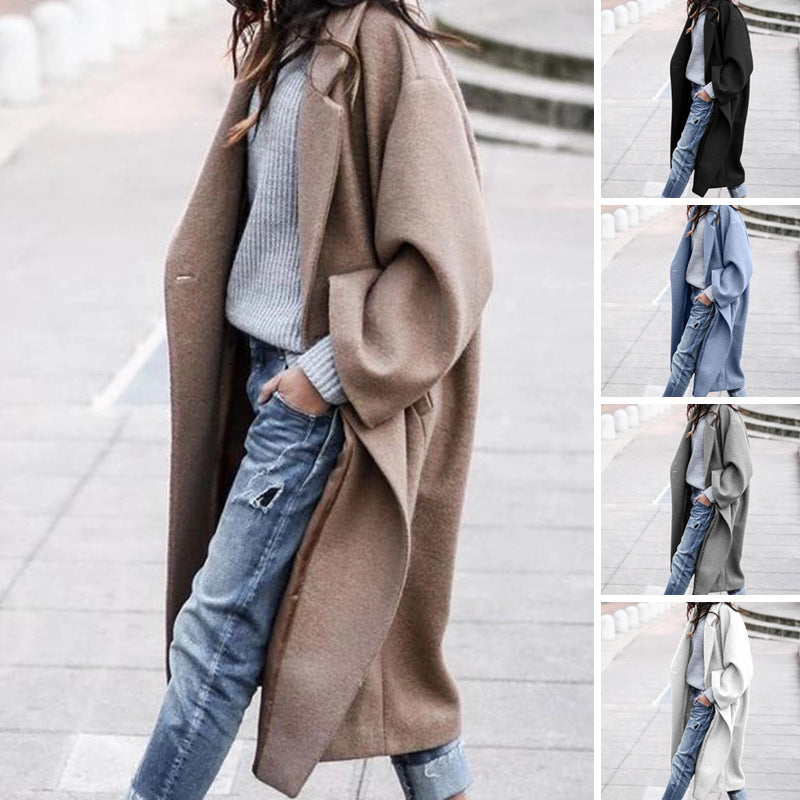 Galuxia Casual Long Jacket with Pockets – Single-Breasted Lapel Woolen Coat for Women