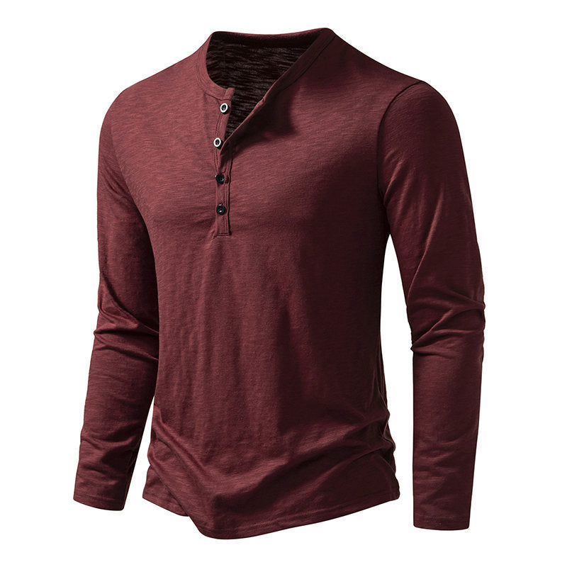 Galuxia Men's Long-sleeved T-shirt Fashion Casual Solid Color Pullover Button Top Autumn And Spring Clothing