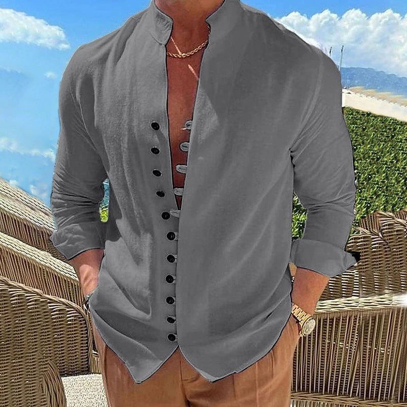 Galuxia Retro Button Design Long-sleeved Shirt Men's Casual Loose Top Mens Clothing