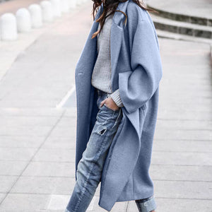 Galuxia Casual Long Jacket with Pockets – Single-Breasted Lapel Woolen Coat for Women