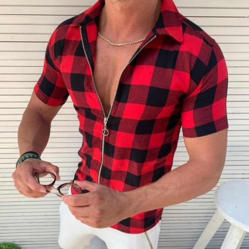 Galuxia Plaid T Shirt Mens Zipper Short Sleeve Shirts Summer Men Clothing