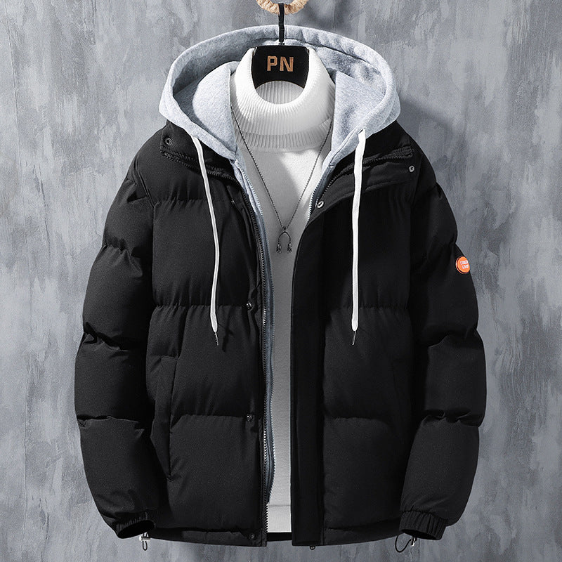 Galuxia Fashion Hooded Jacket Men Winter Windproof Thickened Fake Two-piece Coat Solid Leisure Sports Cotton Jacket