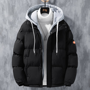 Galuxia Fashion Hooded Jacket Men Winter Windproof Thickened Fake Two-piece Coat Solid Leisure Sports Cotton Jacket