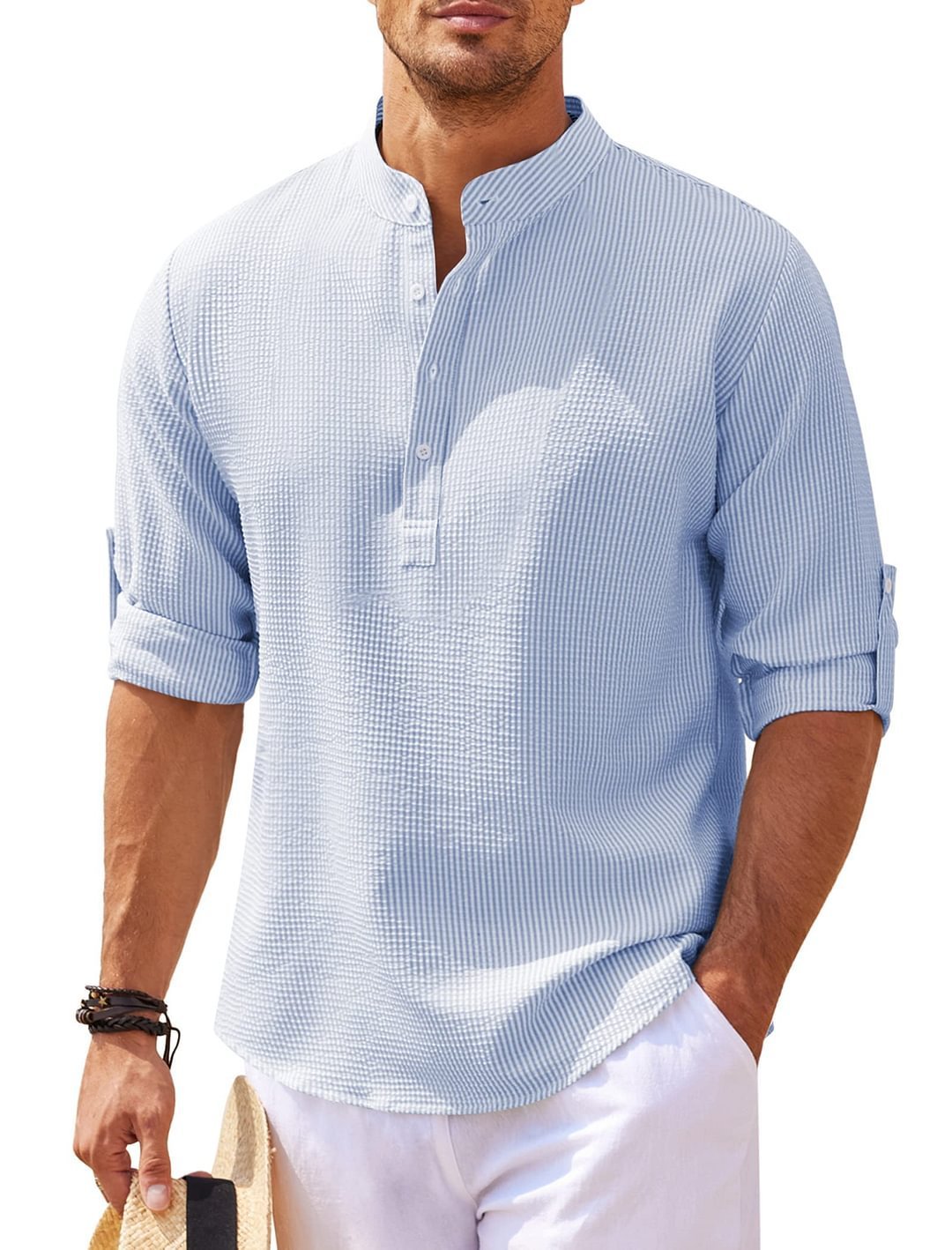 Galuxia Men's Casual Shirt  Long Sleeve Stand Collar Solid Color Shirt Mens Clothing