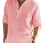 Galuxia Men's Casual Cotton Linen Solid Color Long Sleeve Shirt Loose Stand Collar