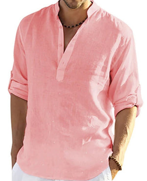 Galuxia Men's Casual Cotton Linen Solid Color Long Sleeve Shirt Loose Stand Collar