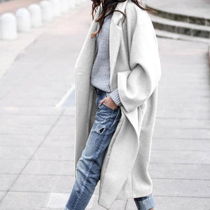 Galuxia Casual Long Jacket with Pockets – Single-Breasted Lapel Woolen Coat for Women
