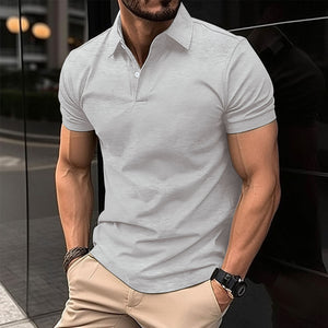 Galuxia Summer Short Sleeve Polo Shirt Men Solid Color Button Lapel Button Top