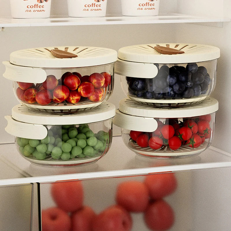 Galuxia Fruit Drain Basket With Lid Vegetable Washing Bowl Foldable Handle Cleaning Colander Plastic Refrigerator Crisper Kitchen Box Kitchen Gadgets
