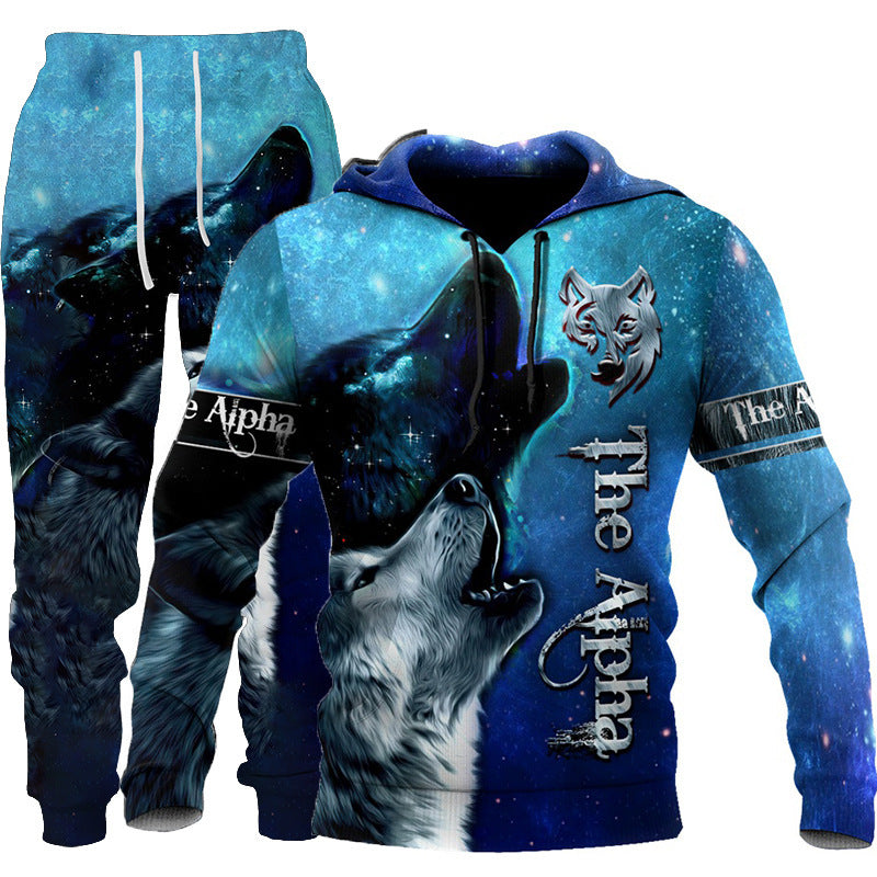 Galuxia 3D Wolf Print Tracksuit Men Sportswear Hooded Sweatsuit Two Piece Outdoors Running Fitness Mens Clothing Jogging Set