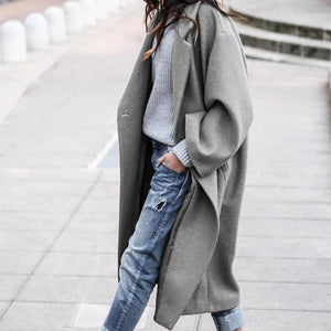 Galuxia Casual Long Jacket with Pockets – Single-Breasted Lapel Woolen Coat for Women