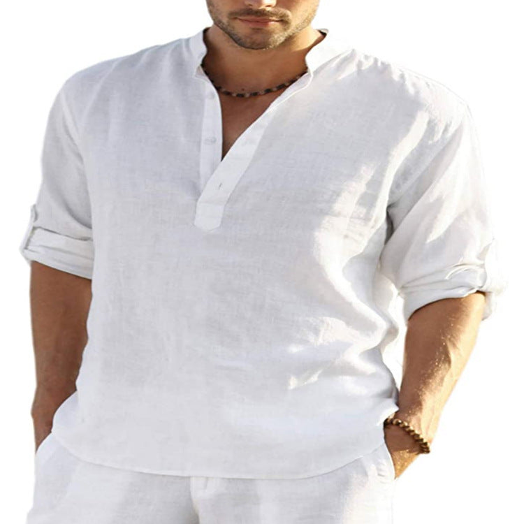Galuxia Men's Casual Cotton Linen Solid Color Long Sleeve Shirt Loose Stand Collar