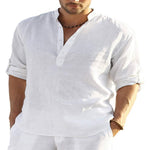 Galuxia Men's Casual Cotton Linen Solid Color Long Sleeve Shirt Loose Stand Collar