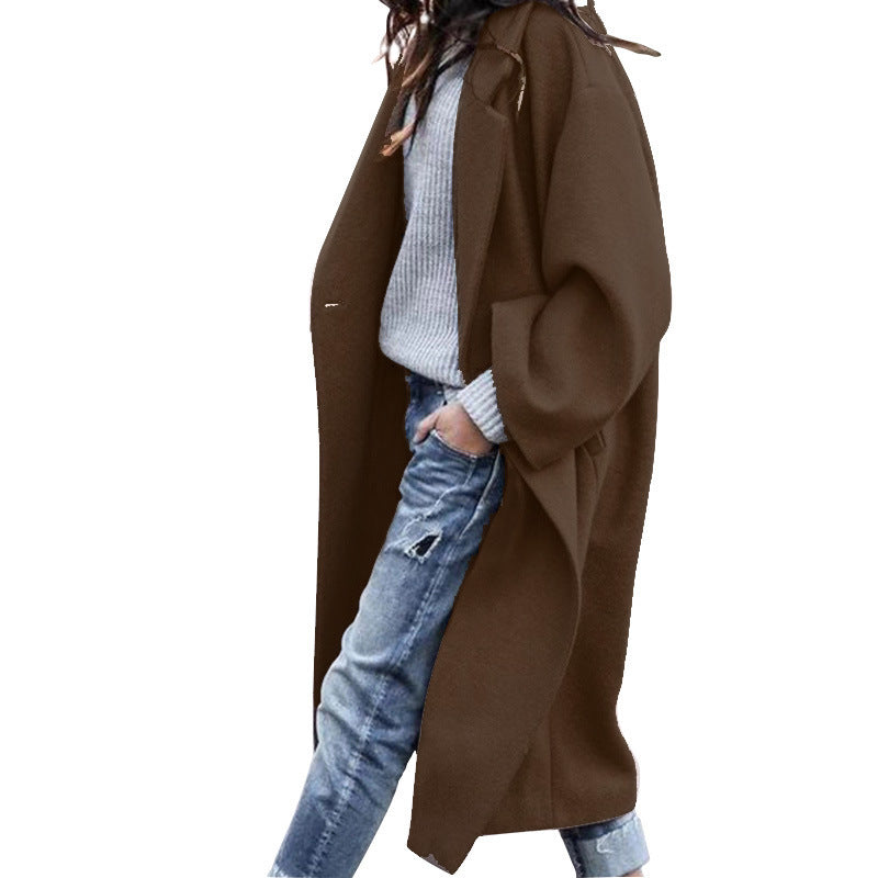 Galuxia Casual Long Jacket with Pockets – Single-Breasted Lapel Woolen Coat for Women