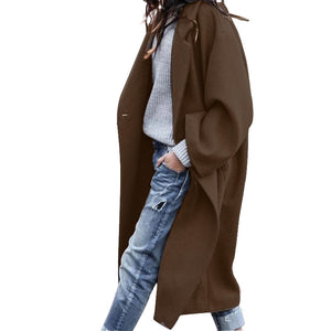 Galuxia Casual Long Jacket with Pockets – Single-Breasted Lapel Woolen Coat for Women