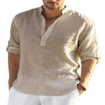 Galuxia Men's Casual Cotton Linen Solid Color Long Sleeve Shirt Loose Stand Collar