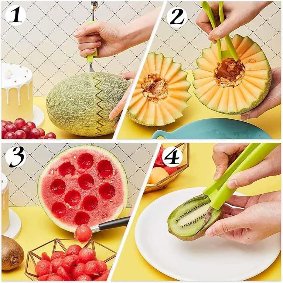 Galuxia 3-in-1 Fruit Digger Fruit Carving Knife Set Cutter Fruit Platter Separator Kitchen Gadgets Watermelon Ice Cream Baller Scoop